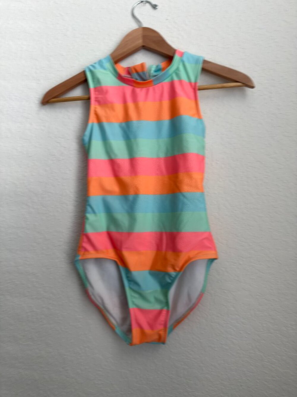 Art Class Girls L 10/12 Rainbow Stripe One Piece Swimsuit Zip Back.   (G)